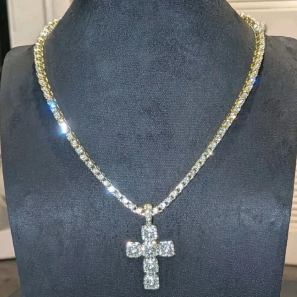 14k Yellow Gold Plated Lab Created Diamond Cross Pendant Tennis Necklace